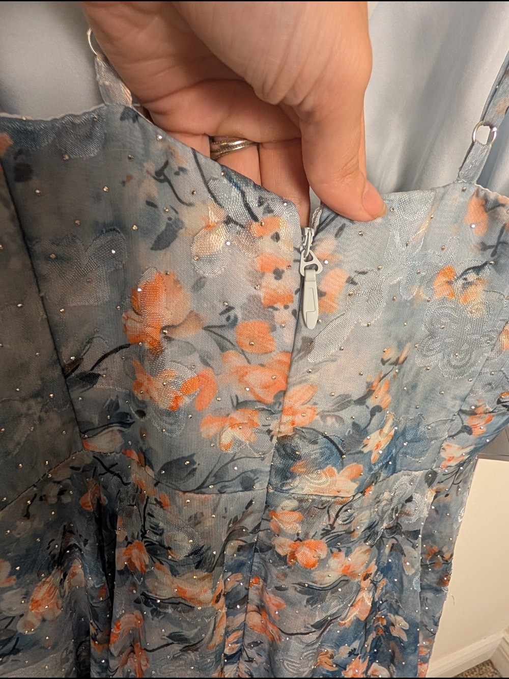 Azazie Atelier Harmony Powder Blue Floral Flowy Rhinestone Maxi Dress Gown Sz 16 - Picture 10 of 16